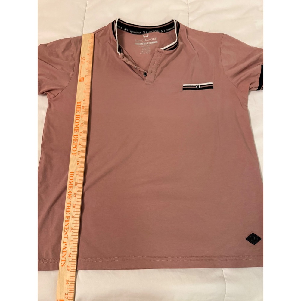 Nick Danger Mens XL Pink Short Sleeve Henley Shirt Striped Trim Cotton Blend - Picture 5 of 9